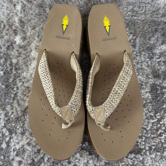 Volatile Sz 11 Beige Wedge Woven Flip-Flop Platform Sandals Thick Chunky - Picture 3 of 10